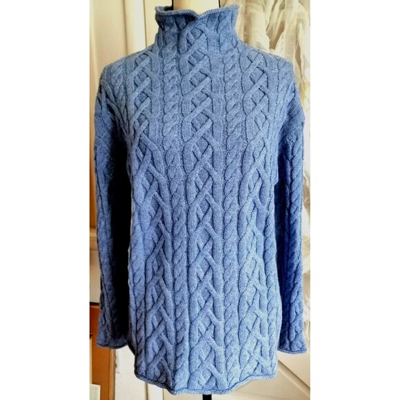 Vintage Chunky Cable Knit Sweater Women M Cotton Wool Blue High Neck - Picture 1 of 3